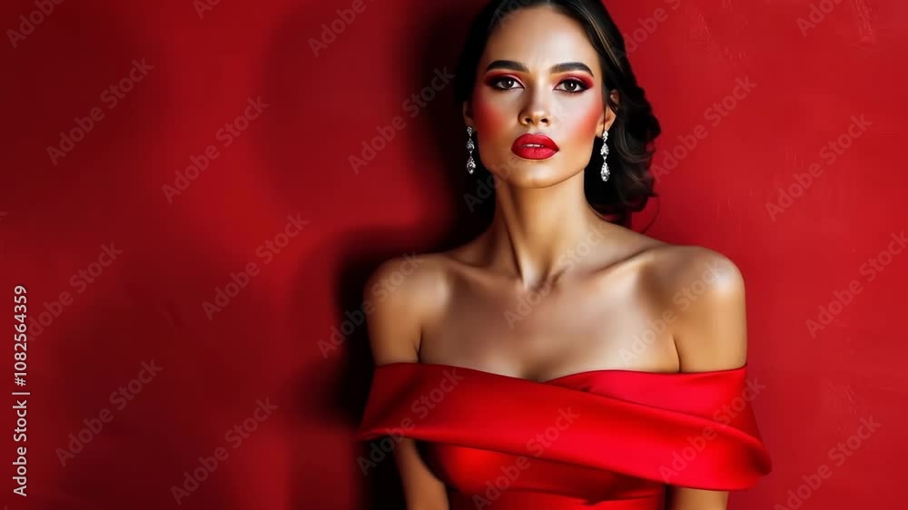 A glamorous model poses elegantly against a striking red backdrop showcasing stunning makeup and fashion A glamorous model poses elegantly against a striking red backdrop showcasing stunning makeup and fashion