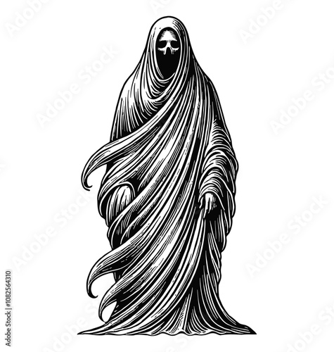 ghost hood robe fly engraving black and white outline