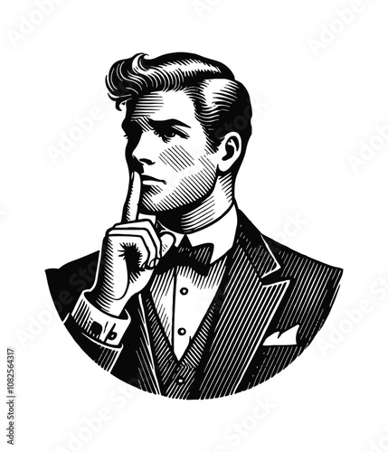 retro man finger silence pose engraving black and white outline
