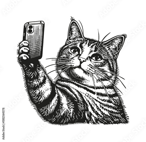 cat selfie camera smartphone engraving black and white outline