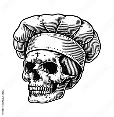skull chef hat engraving black and white outline