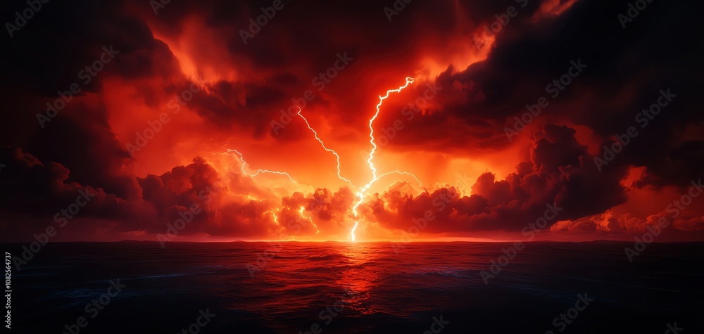 Dramatic sunset with fiery clouds and striking lightning over the ocean at twilight. Dramatic sunset with fiery clouds and striking lightning over the ocean at twilight.