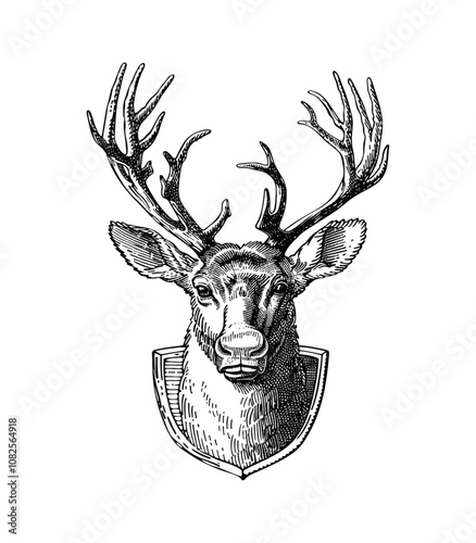 deer head stuffed engraving black and white outline