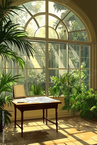 Sunlit Conservatory with Desk and Plants