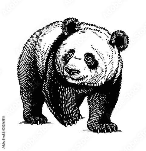 panda engraving black and white outline