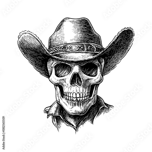cowboy hat skull engraving black and white outline