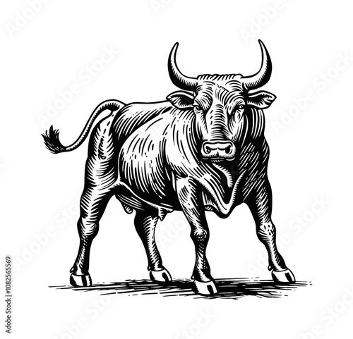 Spanish Fighting Bull engraving black and white outline