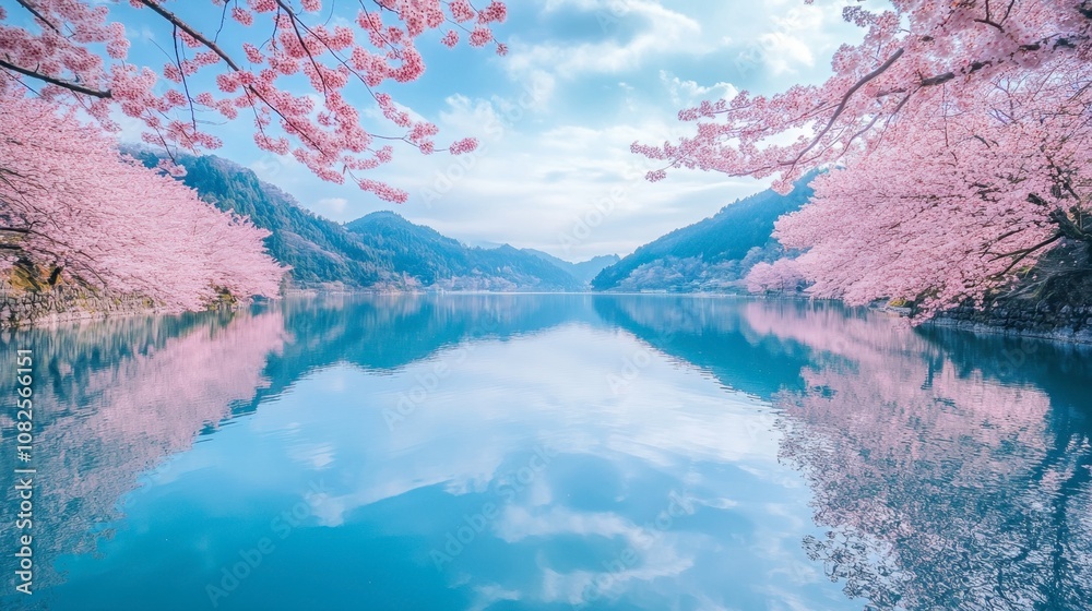 Serene Cherry Blossom Reflection on Calm Lake Serene Cherry Blossom Reflection on Calm Lake