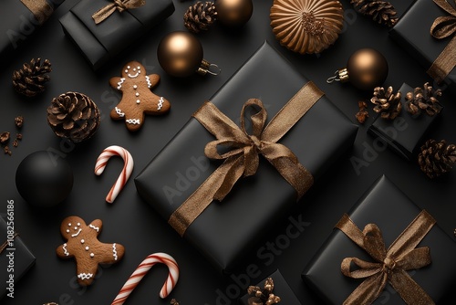 Black background with Christmas decorations, gift boxes, and gingerbread cookies. Flat lay with black and gold color scheme, featuring golden ribbons, candy cane, and open gift box. High-detail, top v