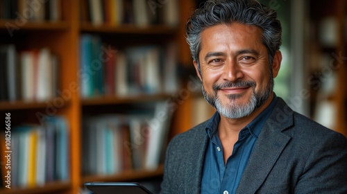 A smiling man in a library holding a tablet, exuding confidence and approachability.