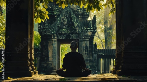 Monk meditating in lush garden of ancient temple, serene silhouette