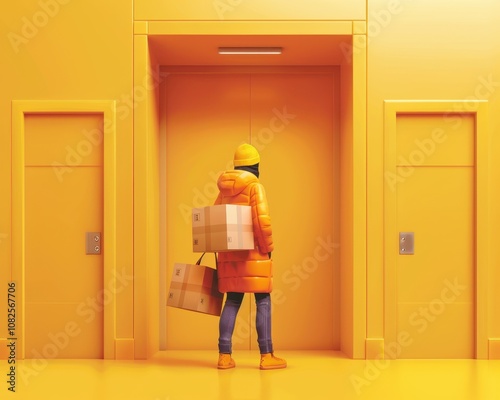 Person carrying delivery bag and box while waiting for elevator