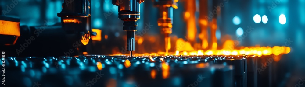 High-tech machinery in a factory setting with vibrant glowing elements. High-tech machinery in a factory setting with vibrant glowing elements.
