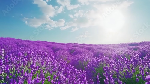 A vibrant lavender field under a bright sky, showcasing nature's beauty and tranquility.