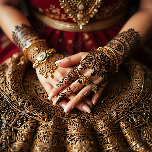 Asian bride wearing jewelry in her hands with henna tattoos