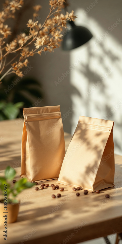 A coffee concept prepared for mockup, with a craft coffee package on a light wooden table A coffee concept prepared for mockup, with a craft coffee package on a light wooden table