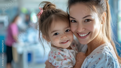 A mother and daughter in hospital gowns smile at the camera.