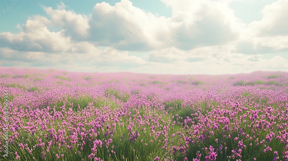 A serene landscape filled with vibrant purple flowers under a cloudy sky. A serene landscape filled with vibrant purple flowers under a cloudy sky.