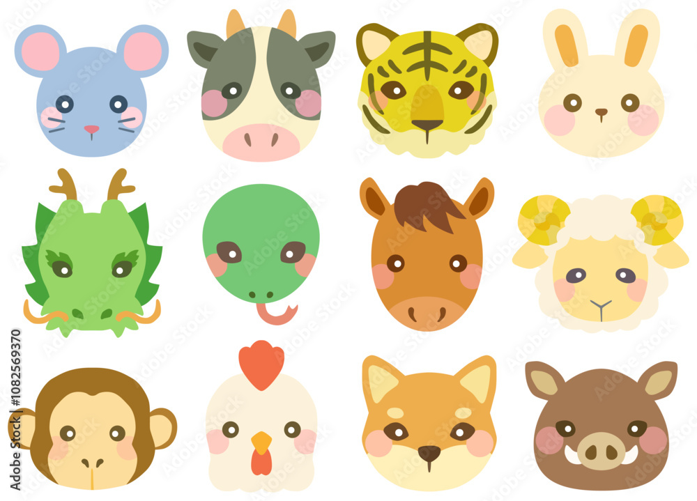 かわいい十二支のイラストセット 顔 正面 ベクター素材 かわいい十二支のイラストセット 顔 正面 ベクター素材
