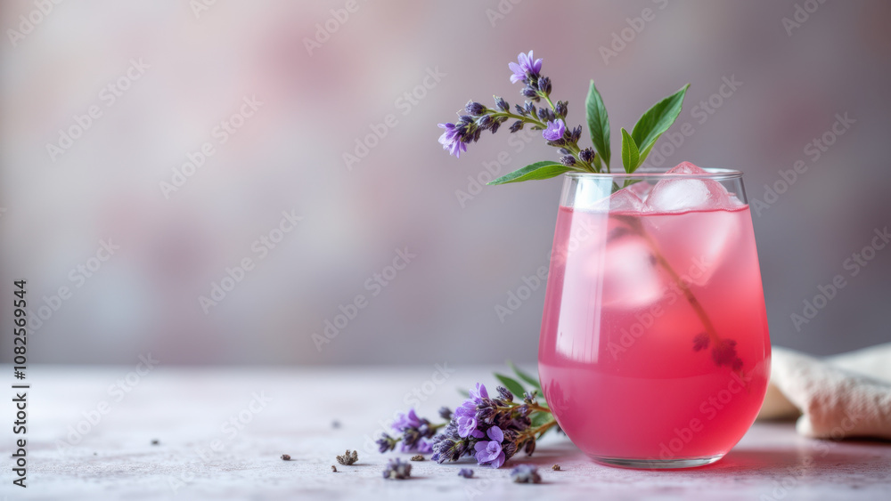 Deliciously refreshing pink matcha latte with ice and a mint leaf garnish served on a table. Deliciously refreshing pink matcha latte with ice and a mint leaf garnish served on a table.