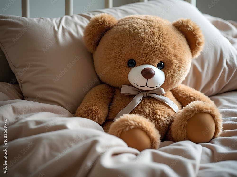 Teddy bear placed on a bed in a bedroom. Companion during sleep