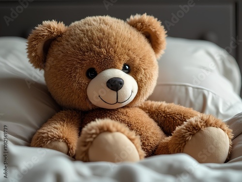 Teddy bear placed on a bed in a bedroom. Companion during sleep