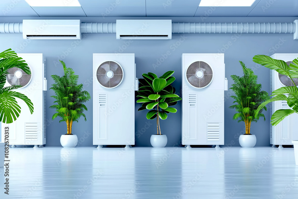 Modern Air-Conditioned Room with Green Plants