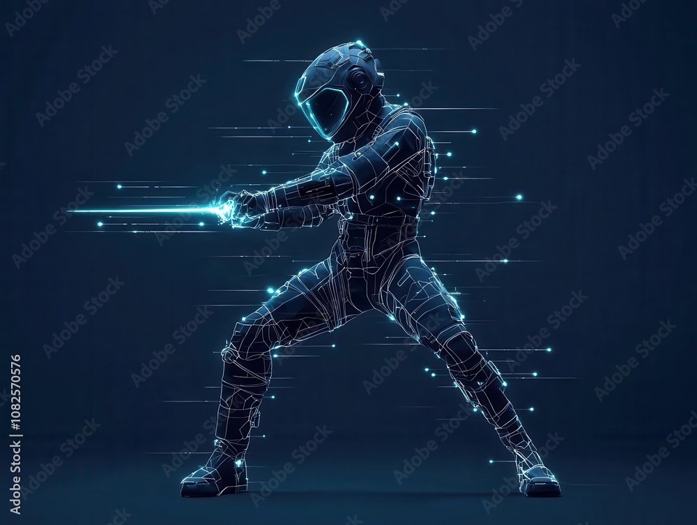 Cybernetic hero with energy sword, fierce stance, futuristic tech world, 3D illustration Cybernetic hero with energy sword, fierce stance, futuristic tech world, 3D illustration