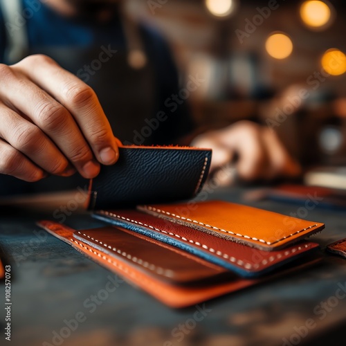 Handcrafted leather wallets displayed on a wooden table in a workshop setting.