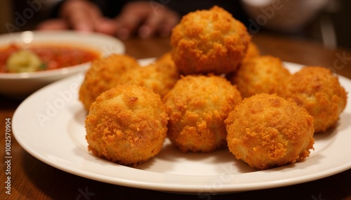 Crispy arancini balls on white plate with dipping sauce