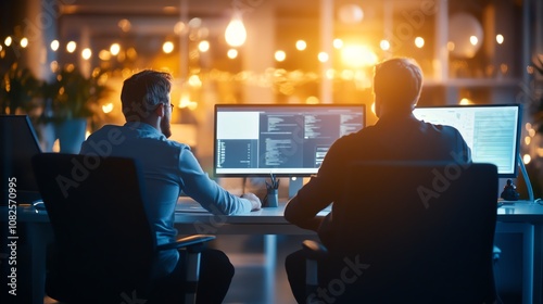 Two professionals collaborating in an office with screens and ambient lighting.