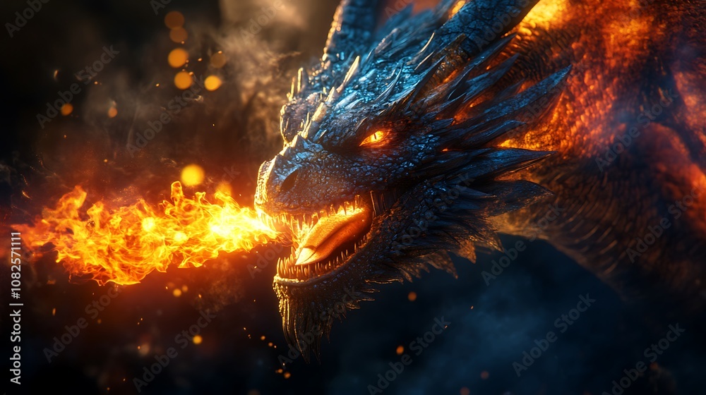 Magnificent dragon head breathing raging flames scene picture Magnificent dragon head breathing raging flames scene picture