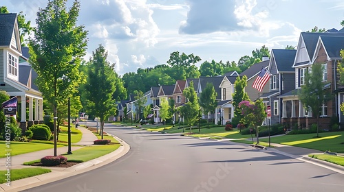 A serene suburban street lined with houses and trees under a sunny sky.