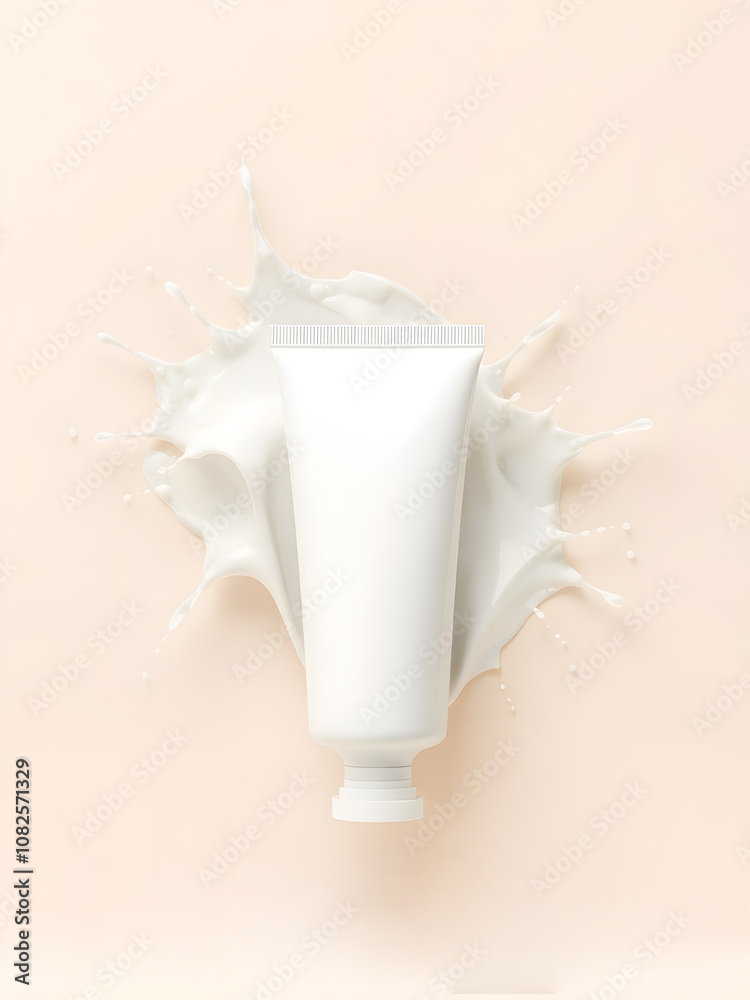 Splashes of cosmetic product and tube with space for design on beige background.