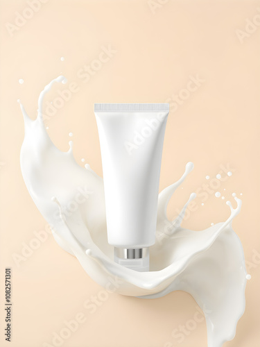 Splashes of cosmetic product and tube with space for design on beige background. photo