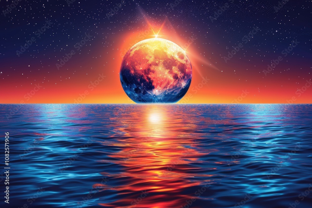 A stunning cosmic scene featuring a vibrant, colorful planet rising over a serene ocean at sunset with a starry sky. A stunning cosmic scene featuring a vibrant, colorful planet rising over a serene ocean at sunset with a starry sky.