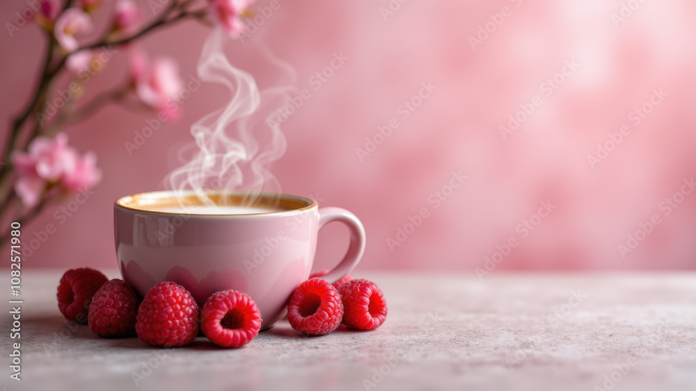 Pink matcha latte with raspberries, perfect for a cozy afternoon tea break. Pink matcha latte with raspberries, perfect for a cozy afternoon tea break.