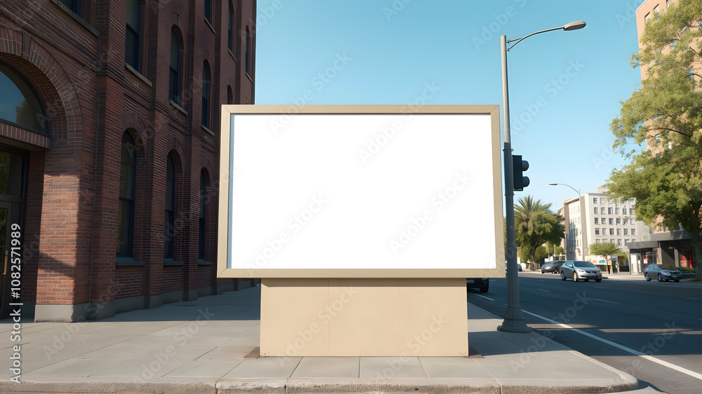 An empty billboard stands on aurban street, street view at daytime, template An empty billboard stands on aurban street, street view at daytime, template