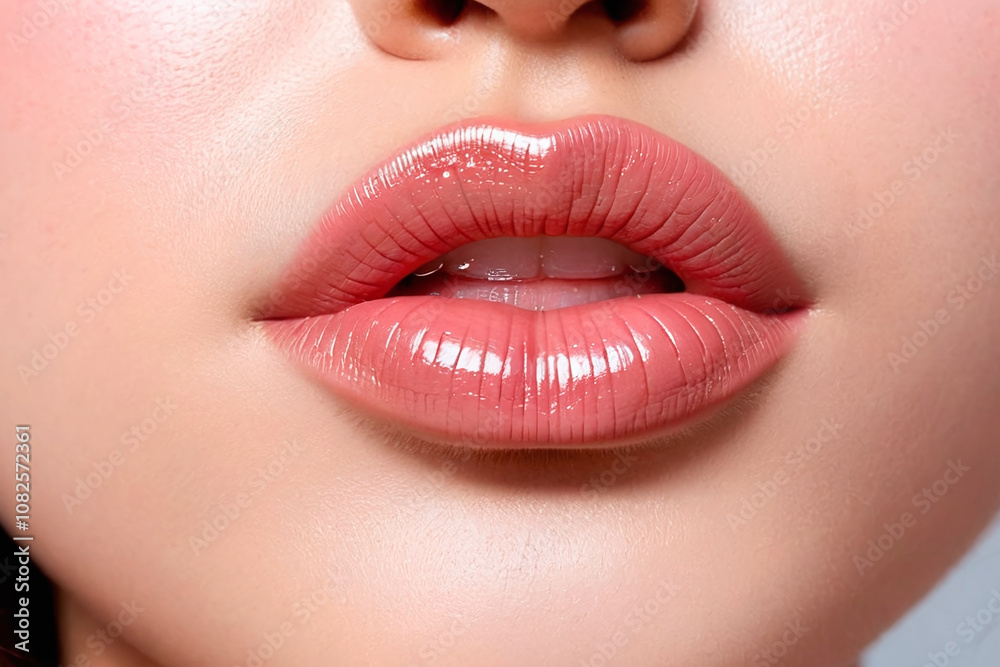 Fototapeta premium A close-up of a man's lips is shown. The lips are made up with gloss, which gives them a shiny and moist look.