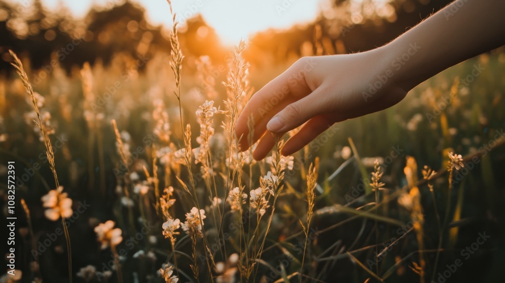 Fototapeta premium Hand Touching Flowers in Golden Sunset Light