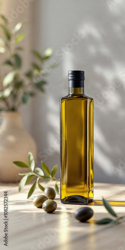 A olive oil concept prepared for mockup, with a glass of bottle on a light wooden table