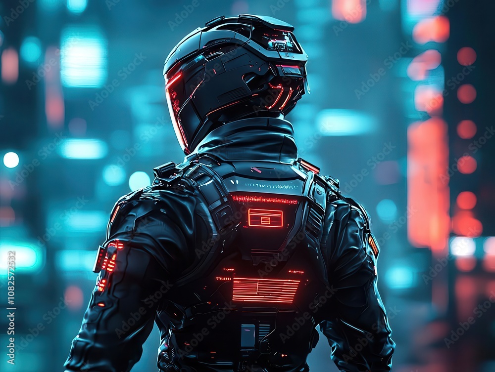 Cyber hero with robotic arm, standing in neonglowing city, cyber battle stance, 3D illustration