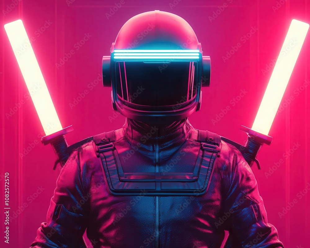 Cyber champion with dual energy swords, neon lights, in a tech arena, 3D illustration Cyber champion with dual energy swords, neon lights, in a tech arena, 3D illustration