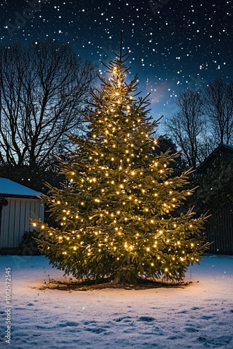 Twinkling lights adorn night outdoor Christmas tree photo