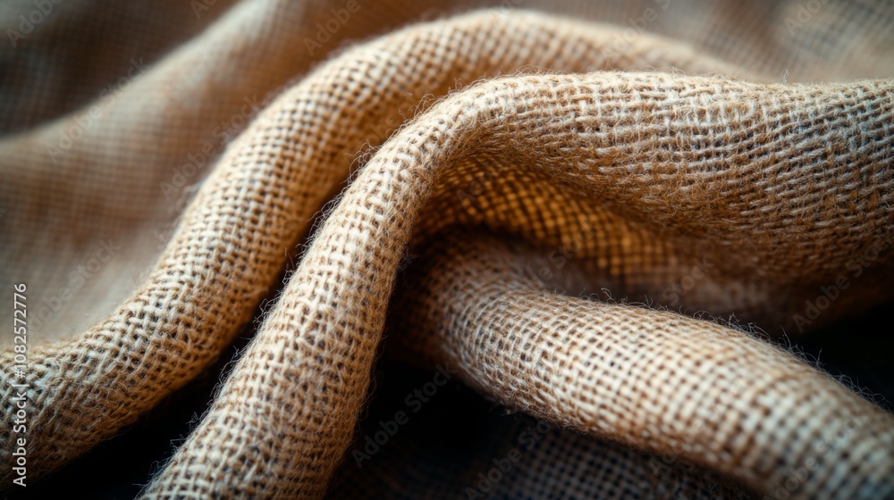 The fabric features a close-up view of burlap with interwoven fibers, revealing its coarse texture and warm, neutral colors highlighted by subtle lighting. The fabric features a close-up view of burlap with interwoven fibers, revealing its coarse texture and warm, neutral colors highlighted by subtle lighting.