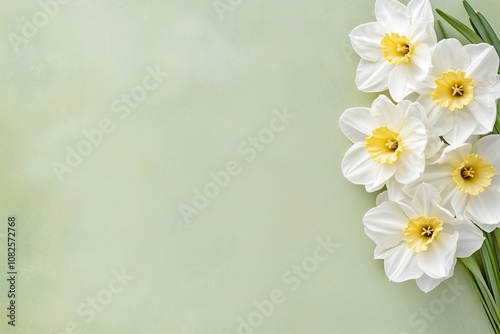 Minimalistic Easter background with white daffodil flowers on on the board with copy space on the left.