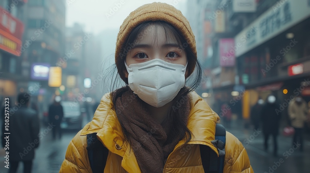 People wearing face masks while walking through a busy, polluted city street, shielding themselves from smog and harmful particles in the air. The hazy skyline and congested traffic highlight urban People wearing face masks while walking through a busy, polluted city street, shielding themselves from smog and harmful particles in the air. The hazy skyline and congested traffic highlight urban