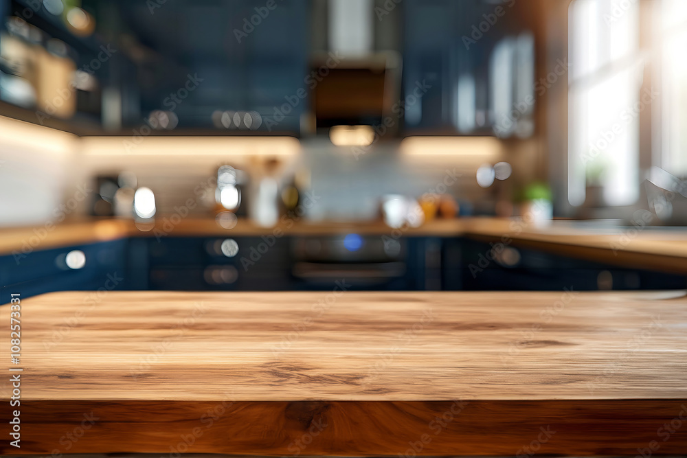 Close-up of a dark wooden kitchen countertop in a modern kitchen with a blurred background, ideal for a product mockup or culinary background Close-up of a dark wooden kitchen countertop in a modern kitchen with a blurred background, ideal for a product mockup or culinary background
