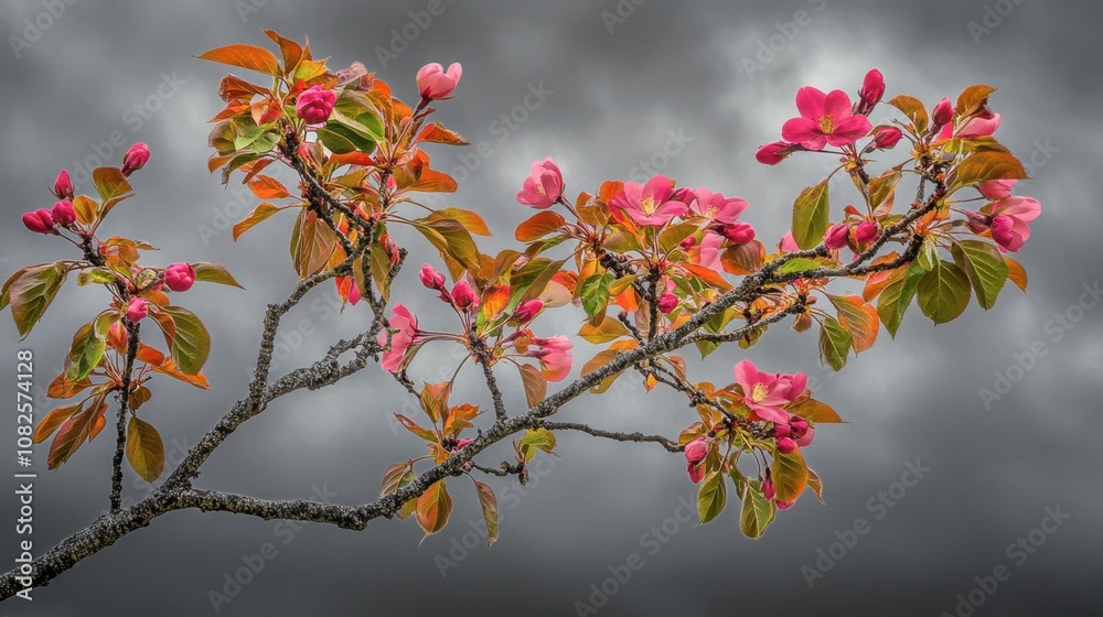 Vibrant Spring Blossom on Dark Cloudy Background Vibrant Spring Blossom on Dark Cloudy Background