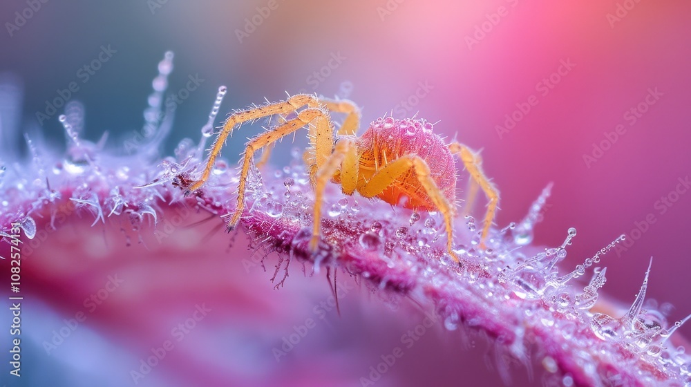 Fototapeta premium Vibrant Macro Shot of Spider Mite on Dew-Covered Leaf at Dawn